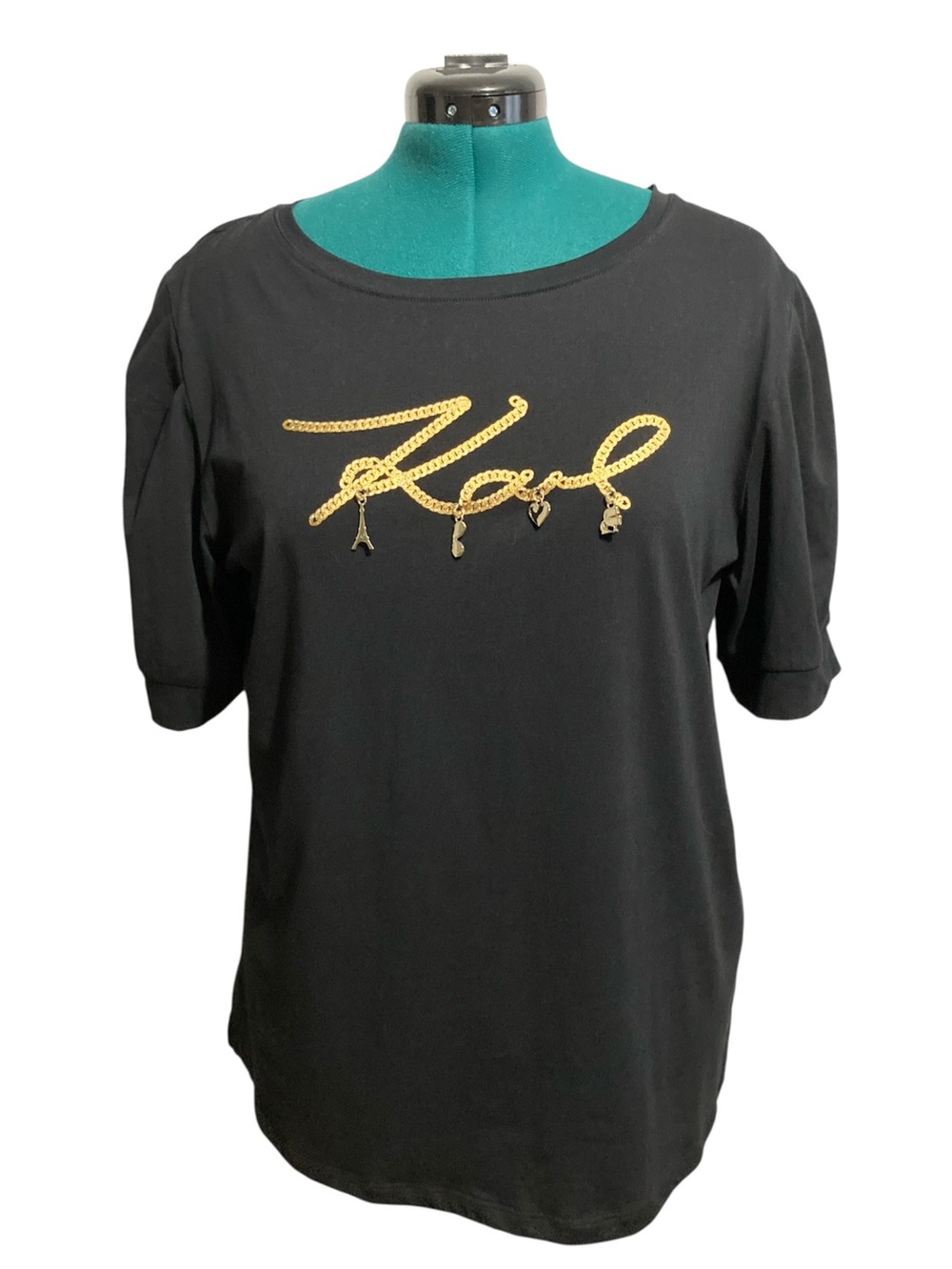 Karl Lagerfeld Paris Cotton Puff Sleeve Charm Embellished T-Shirt